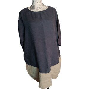 Yea L/XL 100% Linen Tunic Top, Gray Black Tan Colorblock, Lagenlook Art to Wear